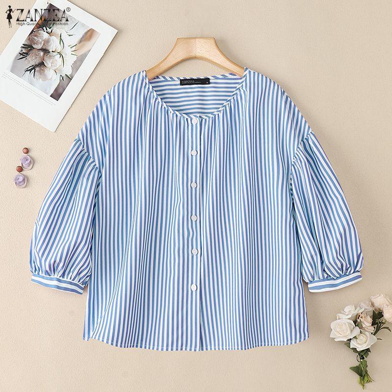 ZANZEA Women Casual Round Neck Loose Long Sleeve Stripe Blouse