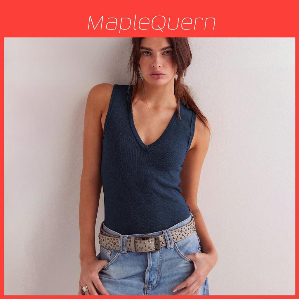 Modern V Neck Sleeveless Top For Women With Ribbed Knit Fabric For Summer Casual Wear