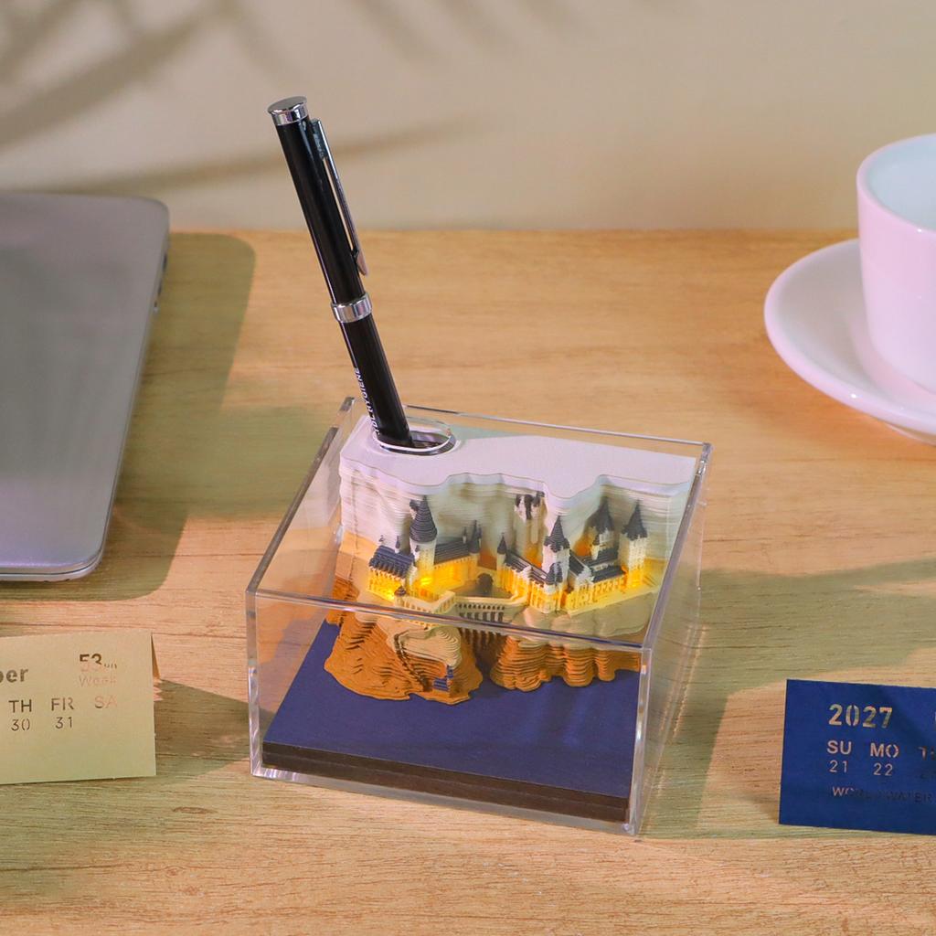 Wizard Magic Castle 2027 Calendar 3D Memo Pad with LED Light & Pen Holder Creative Paper Carving Art Sculpture Desk Decor Gift