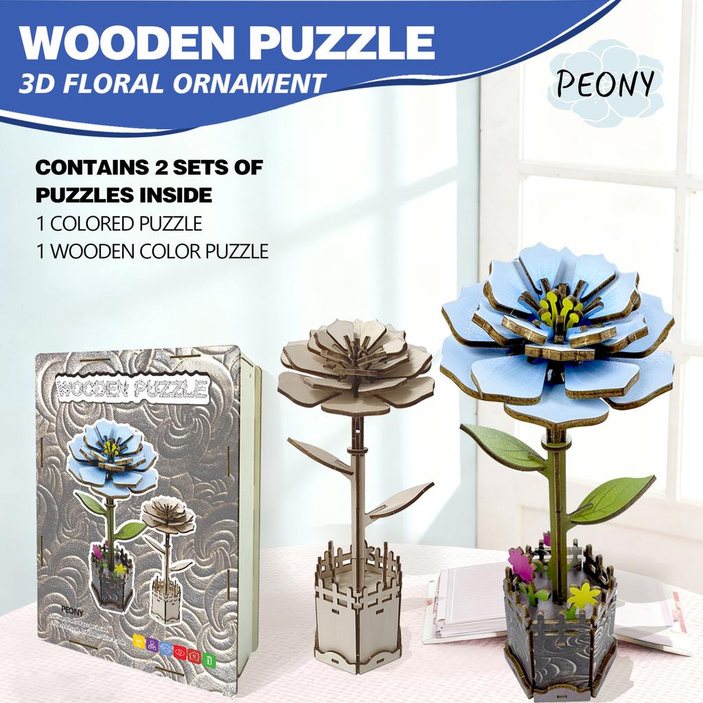 Wacocetoy Cross-Border 3D Peony Flower Puzzle Wooden Diy Coloring Toy 2-In-1 Set Handmade Puzzle