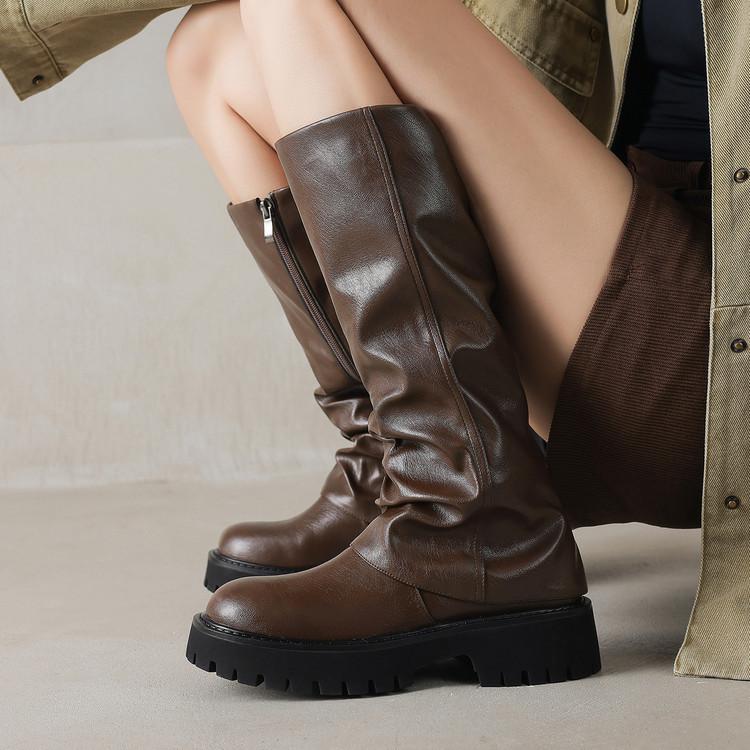 Design sense leather round head thick-soled trousers boots women's 2025 autumn and winter new models but knee boots side zipper high boots