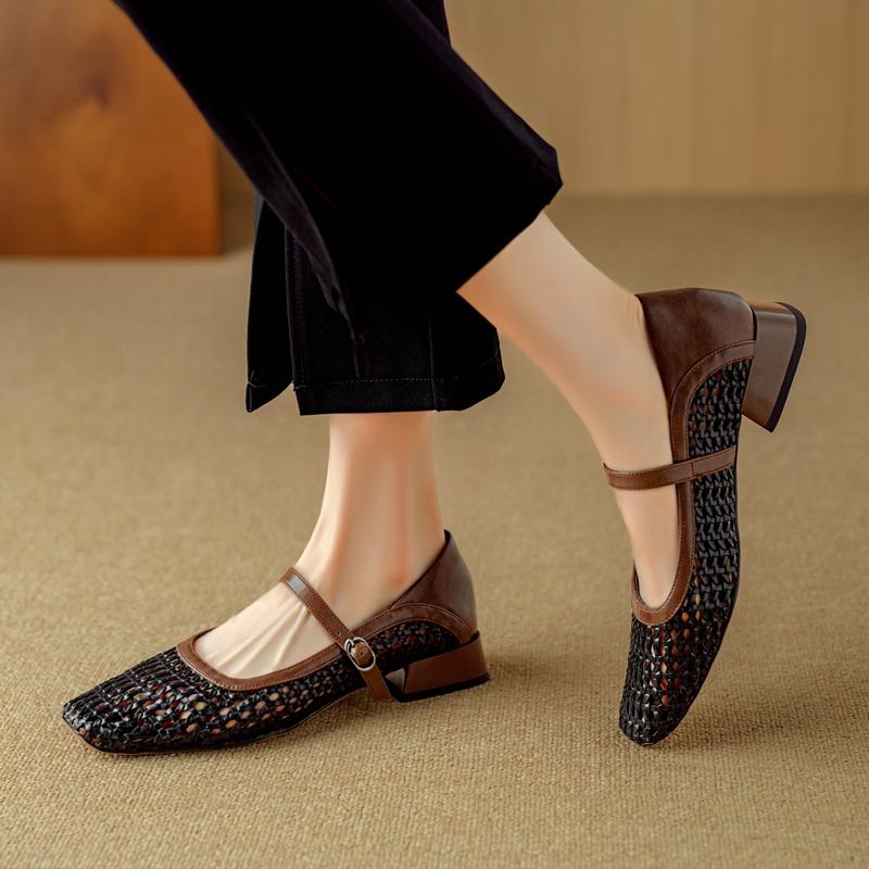 Fashion Women's New Spring and Autumn Woven Genuine Leather Cowhide Breathable Mid Heel Large Belt Buckle Mary Jane Single Shoes
