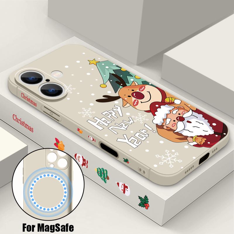 

Мягкий чехол для телефона из ТПУ с рисунком Санта-Клауса и лося для iPhone 15 14 13 12 Pro Max 11 с магнитной функцией беспроводной зарядки Magsafe, защитой объектива и чехлом-шнурком iPhone 16 чёрный
