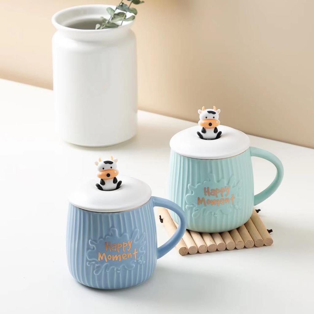 Creative Cute Cow Mug with Lid Spoon Ins Style Couple Pair Cup Gift Cup Home Office Cup
