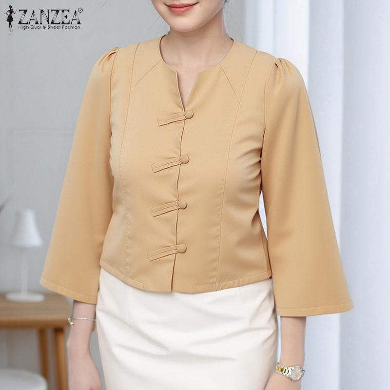 ZANZEA Kvinner Casual V-hals Ensfarget 3/4 Ermet Bluse