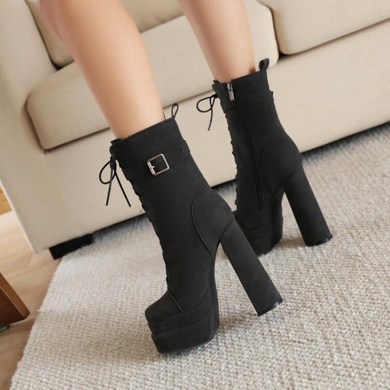 Womens Plus Size Chunky Heel Ankle Boots In PU Leather Square Toe Side Zipper Fashion Winter