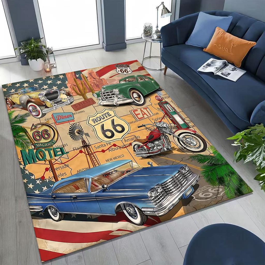 3D Retro Route 66 America Historic Mother Road Rug for Bedroom Living Room Sofa Home Doormat Decor,Larger Kid Non-slip Floor Mat