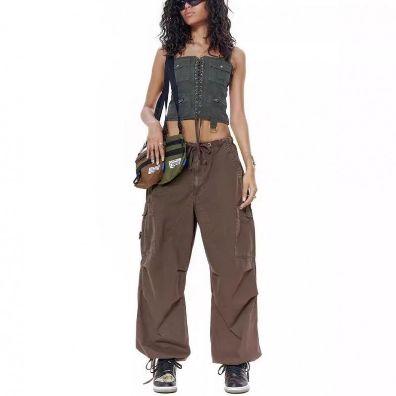 Calças Casual LUXEON Retro Lisas com Cordão Joggers Bolsudas Perna Larga Calças de Moletom Cintura Média Esportivas Y2k Unissex