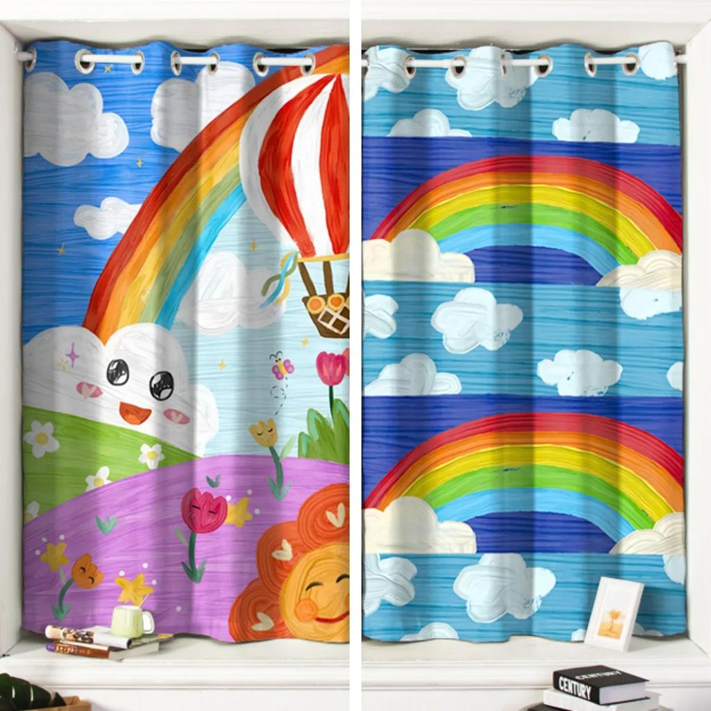 Fresh Cartoon Oil Painting Window Curtain Cute Children's Room Simple Fashion High Shading Bedroom Curtain 2 Panels New Pattern