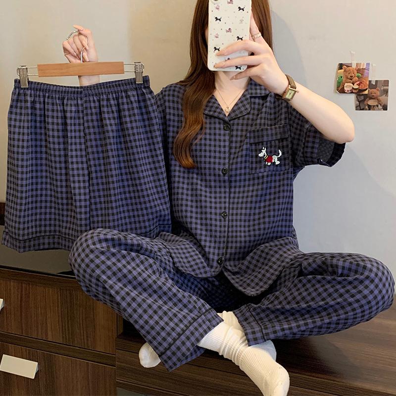 

Вышивка Карман Мультяшное Облако Хлопок Женская Пижама Можно Носить На Улице Летом, Домашняя Одежда с Коротким Рукавом Комплект из Трех Предметов L