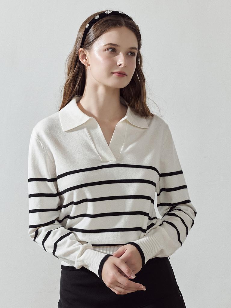 LORDLOAR Signature Striped Collar Long Sleeve Knit Cream