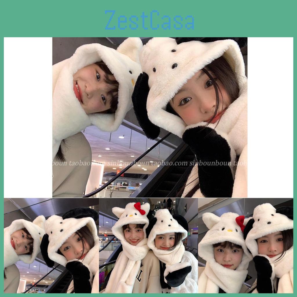 Cute Hooded Cartoon Plush Scarf And Gloves Set For Winter Warmth Wind Protection