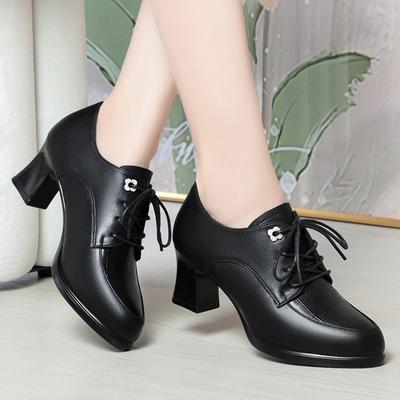 Spring Autumn Women's Pumps Deep Mouth Pumps Shoes Woman Genuine Leather Lace Up Single Shoes Mother High Heels Shoes