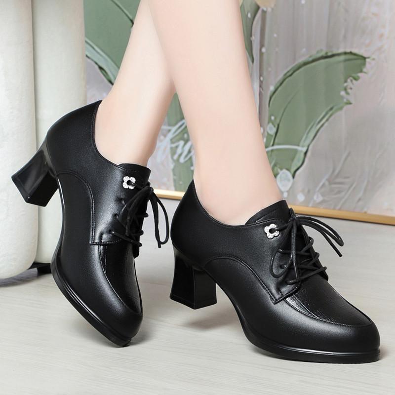 Spring Autumn Women's Pumps Fashion Deep Mouth Pumps Shoes Woman Genuine Leather Lace Up Single Shoes Mother High Heels Shoes