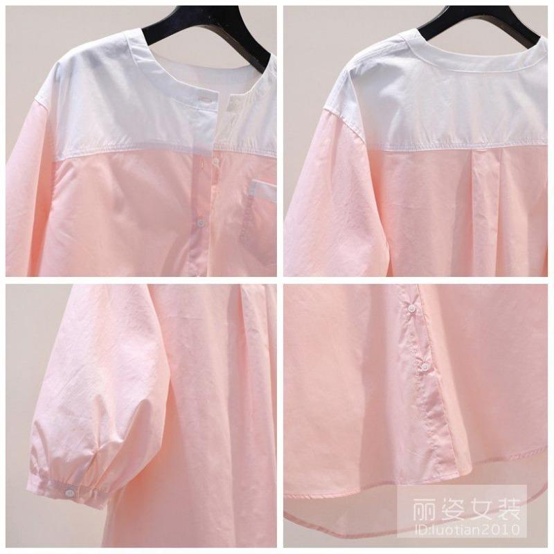 Round Neck Pure Cotton Shirt Women Summer New Fashion Design Color Matching Mid-sleeve Versatile Casual Top