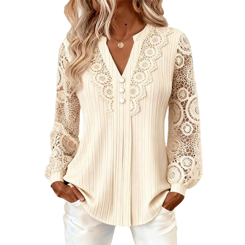 Blouse Femme à Manches Longues en Dentelle à Col en V Haut T-shirt Décontracté pour un Usage Quotidien