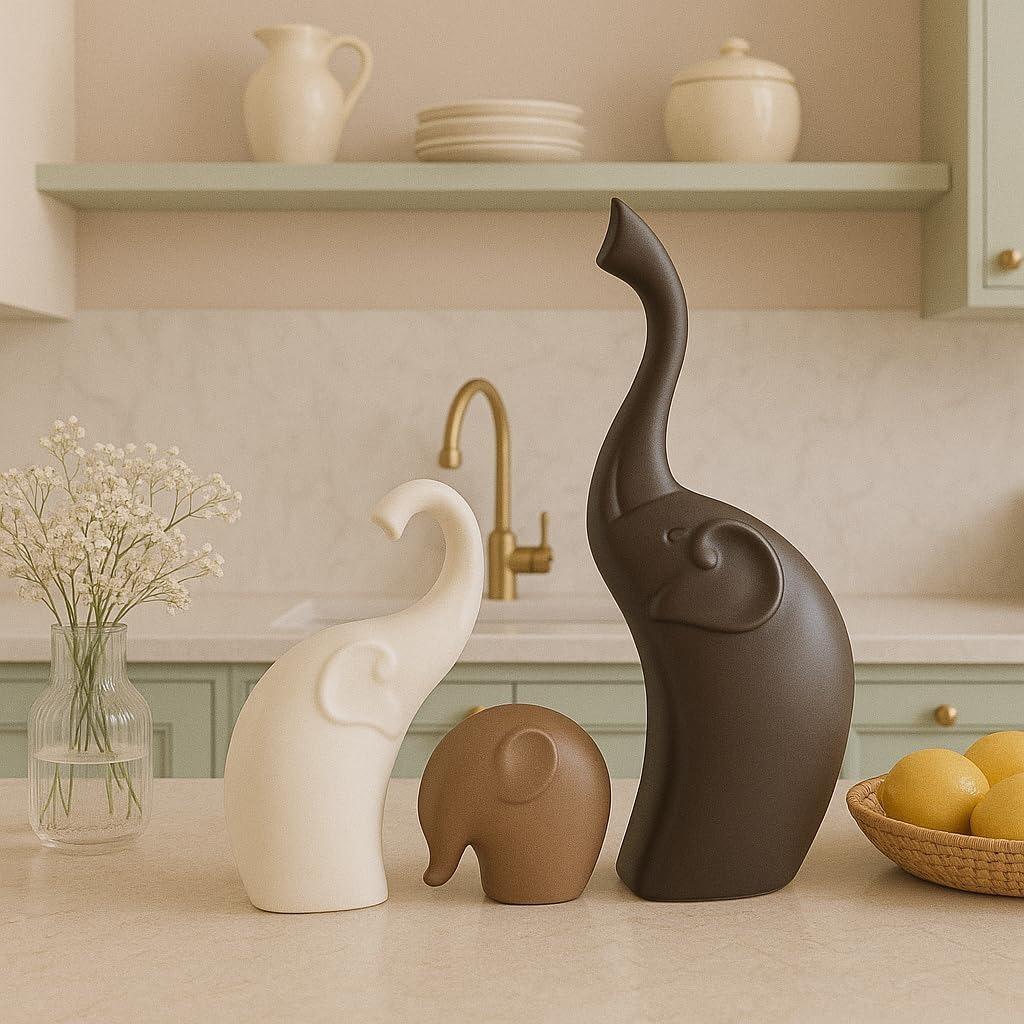 Home Décor Elephant Family Matte Finish Ceramic Figures - (Set of 3 Piece, Matte Brown)