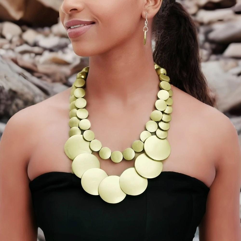 Necklace Wooden Beaded Necklace Double-layer Jewelry Set Exaggerated Round Necklace Beach