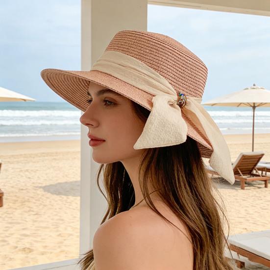 Straw Hat Lightweight Breathable Flat Top Wide Brim Sun Protection Hat Metal Buckle Ribbon Decorated Hat Summer Beach Hat