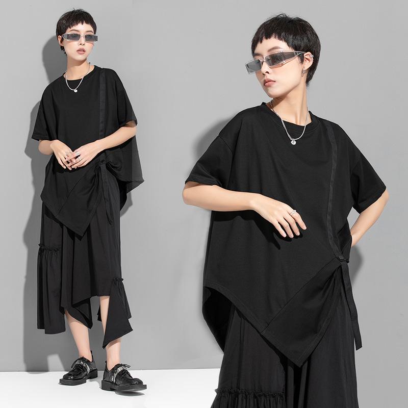 Summer Casual Irregular T-Shirt with Woven Stripes and Loose Short Sleeves