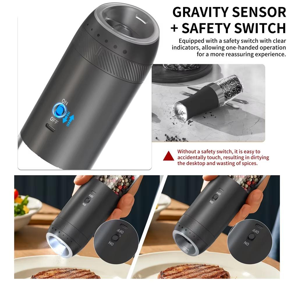 2PCS Gravity Sensing Electric Salt and Pepper Grinder Adjustable Burr Kitchen Spice Grinder Steak