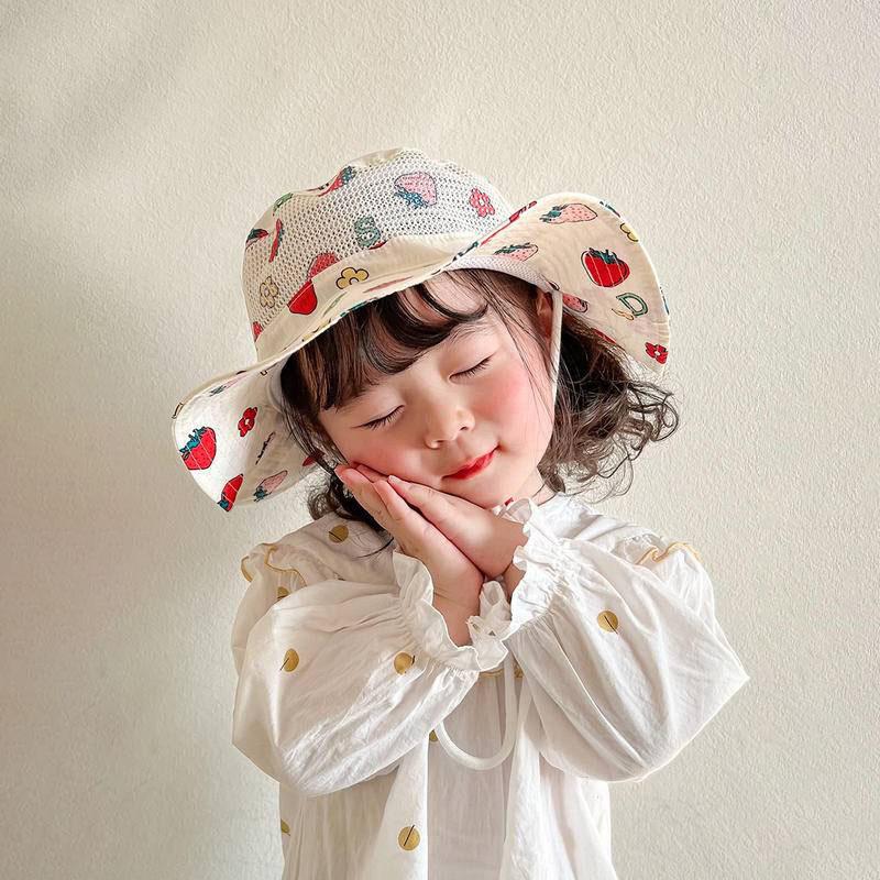 6-8Y Kids Summer Mesh Breathable Fisherman Hat Sweet Floral Strawberry Print Children Girls Sunshade Panama Cap Wide Brim Sunscreen Bucket Hats