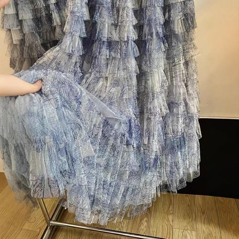 Qooth Women A-line Tulle Gradient Ruffle Skirt Wide Hem Mid Length Elastic Waist Casual Skirt QT2636