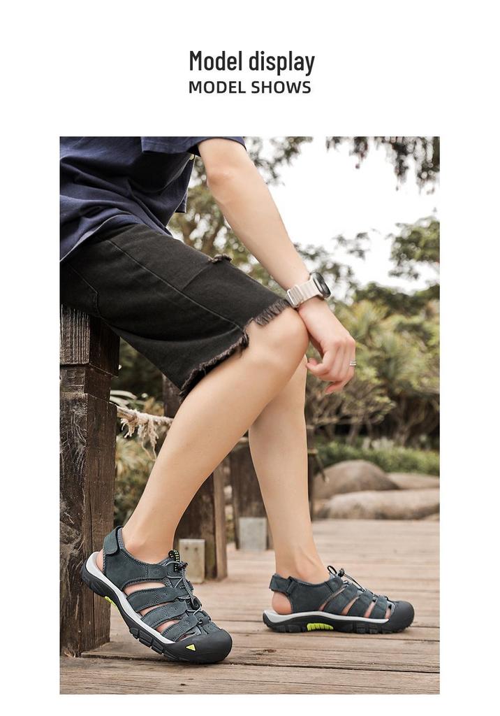 Men's Summer Closed-Toe Leather Sandals for Casual Outdoor Hiking and Beach Activities