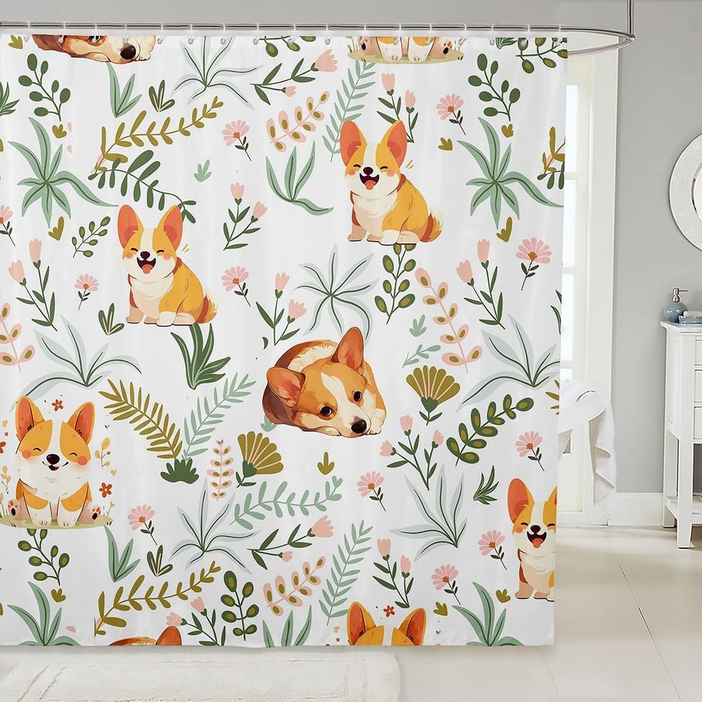 Cartoon Husky Shower Curtains,Cute Dog Animal Kawaii Family Puppy Pet Bath Curtain,Boho Floral Leaves White Waterproof Fabric