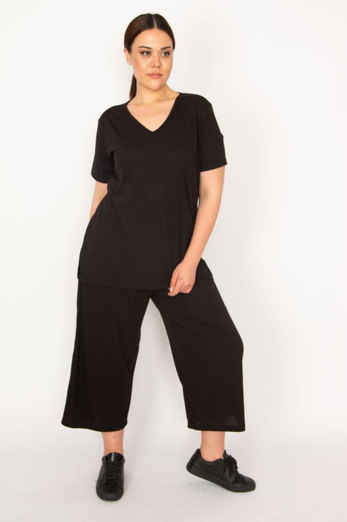 Women's Style Big Size Under-Upper Team Green Camisole Knitted Elastic Waist Wide Leg Trousers V-Neck Blouse Set