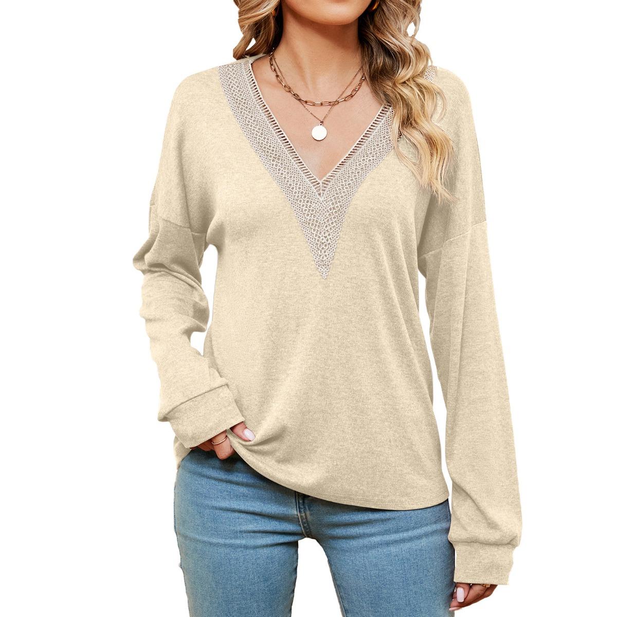 

Solid Color Lace V-neck Color-block Loose Long Sleeve T-shirt Top Fall Winter New Arrival for Europe America Cross-border Trade L