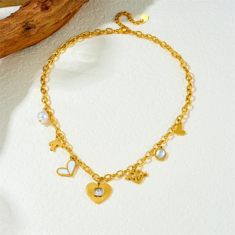 

Gold Plated Multi-Charms Heart and Pearl Charm Necklace for Women Stainless Steel золотой