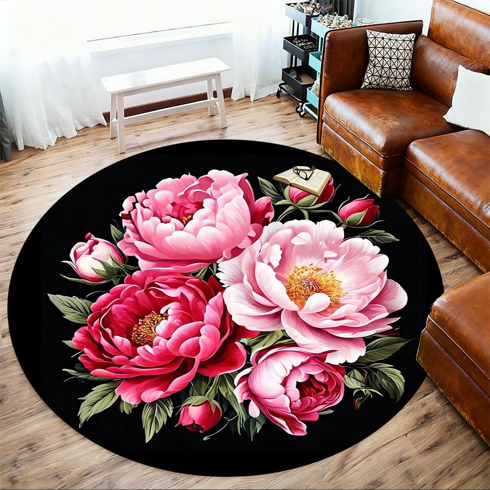 1ks Květiny Pivoňky Kulatá Podložka na Židli Koberec - Protiskluzová, Podlahová Rohožka do Kanceláře, Ložnice a Vnitřní Výzdoby -1002173