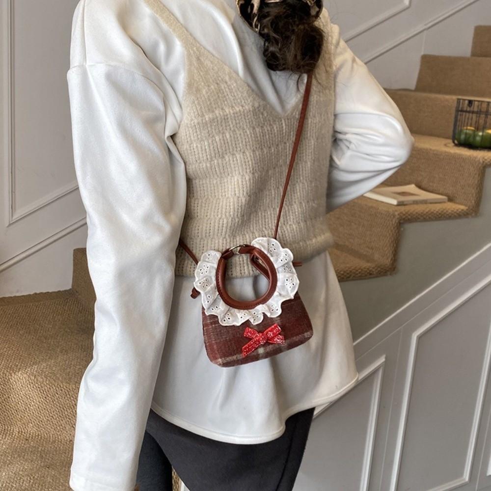 Mini Furry Handbag Shoulder Pouch Bow Shoulder Bag Fashion Plaid Crossbody Bag Women
