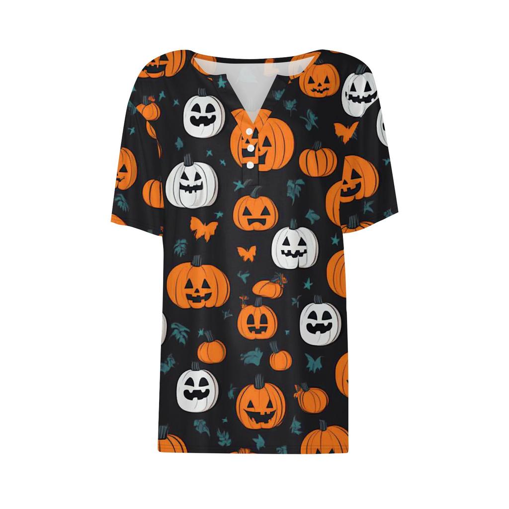 Women's T Shirt Tee Halloween Printed Button Short Sleeve Tunic Daily Weekend Fashion Basic V- Neck Regular Top