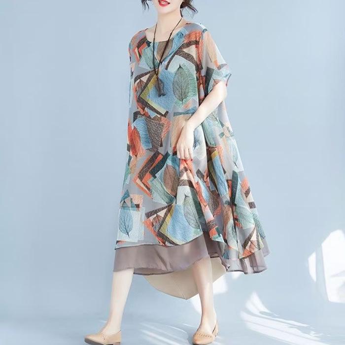 

Chiffon Color Block Plus Size Dress - Loose Fit for Summer, Middle-Aged Women s Casual Skirt 5X Large