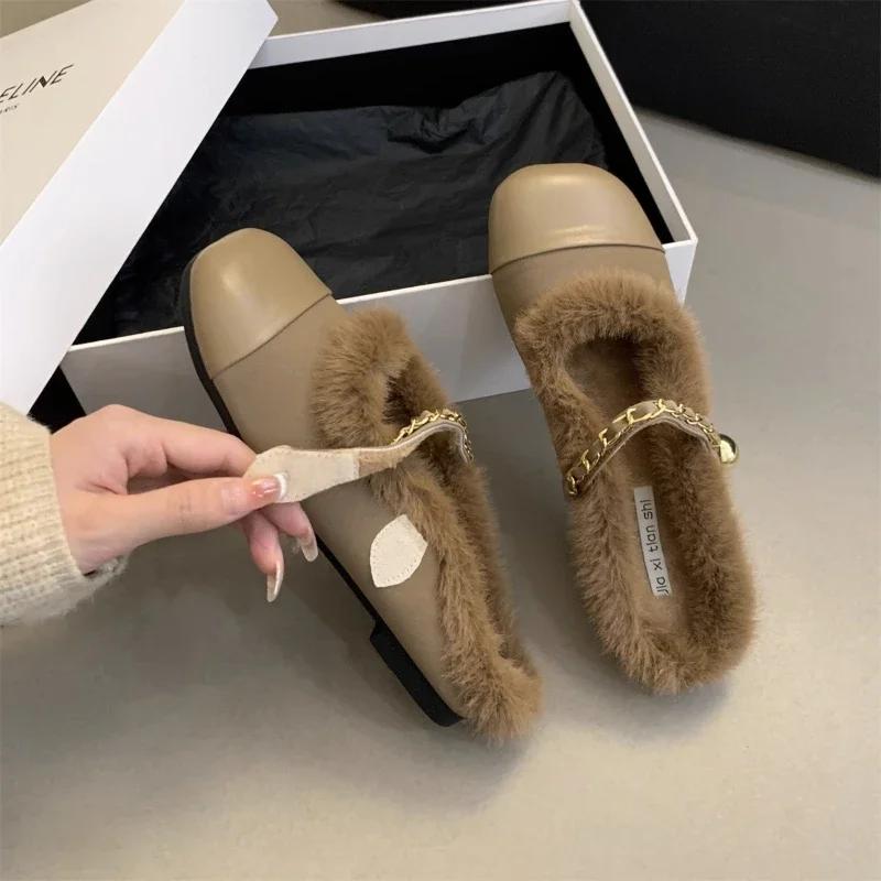 Plokščios trumpos pliušinės elegantiškos moteriškos šlepetės lauko orui pralaidūs šilti moteriški batai Laisvalaikio mados moteriškos šlepetės Batai moterims