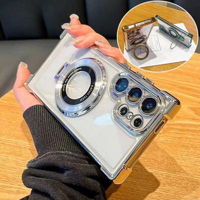 Geschikt voor Samsung S25Edge Mobiele Telefoonhoes Elektrogeplateerde Magnetische Beugel S23Ultra Vier Hoek Airbag S24 Transparant Nieuw Model