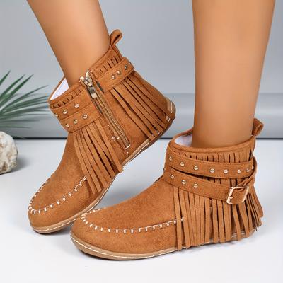 Damskie stylowe buty w jednolitym kolorze, botki zimowe z pluszową podszewką, z frędzlami, ćwiekami i paskiem z klamrą, wygodne buty śniegowe z okrągłym noskiem na jesień