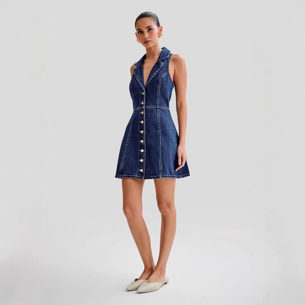 Womens Dark Blue Sleeveless Denim Button Down Dress with Notch Collar S синий