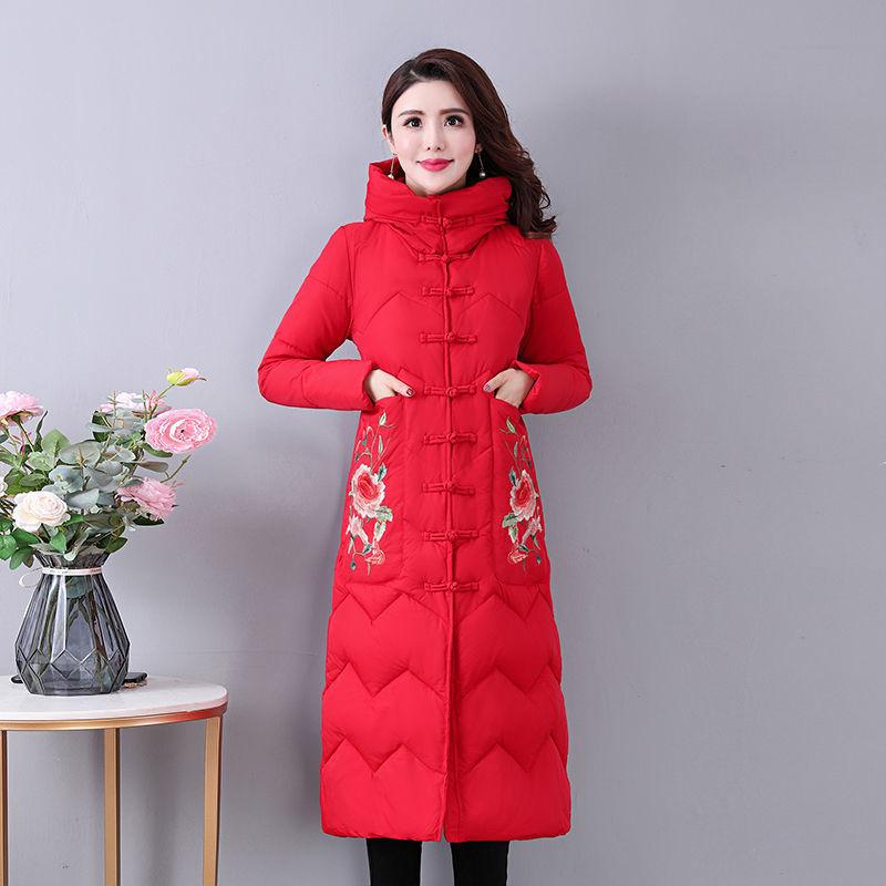 Mother's embroidered cotton-padded clothes with zipper Women's medium and long loose large size down cotton-padded clothes Winter cotton-padded
