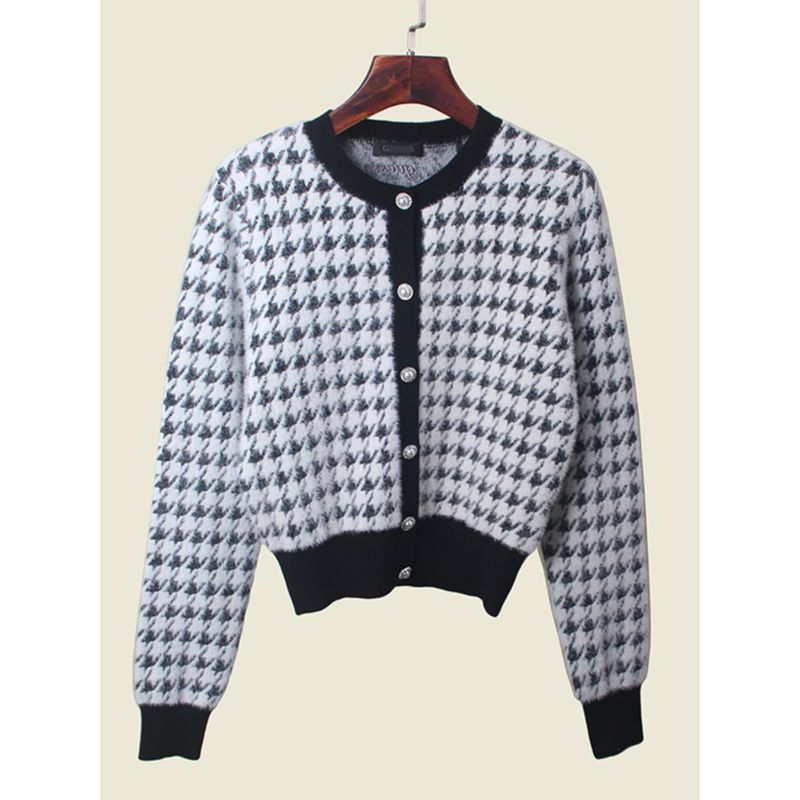 American Brand G Home Mink-like Wool Long Sleeves Cardigan Export round Neck Classic Style Houndstooth Women's Sweater Outwear