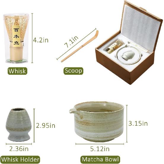 4pcs Matcha Set, Japanese Matcha Kit, Matcha Whisk Set with 17oz Matcha Bowl with Spout, Whisk Holder & Bamboo Scoop, Matcha Tea Set, Matcha Starter