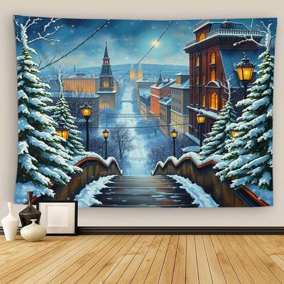 Tapisserie Scène de Noël Décoration Murale Nouvel An Peintures à l'Huile Vieille Rue Tissu Léger Décor Ethnique pour Chambre Salon