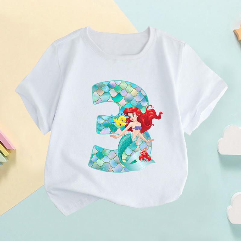 The Little Mermaid Ariel Princess Number Print Girls Clothes 1 2 3 4 5 6 7 8 9 Years Birthday Kids T Shirt Baby T-Shirt