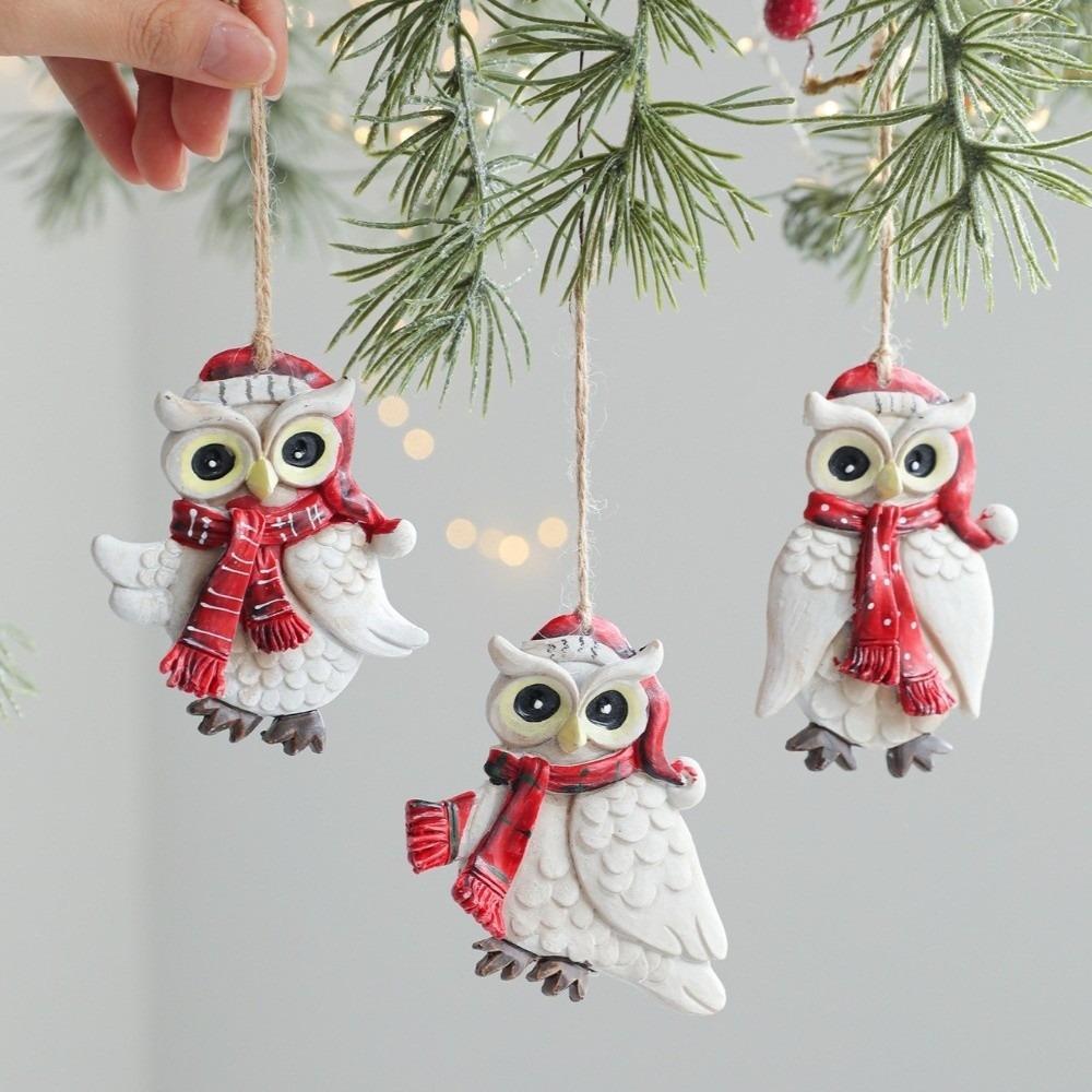Festive Resin Owl Ornament with Jute Rope Vintage Resin Pendant Xmas Decor Gift Accessory