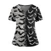 Women's V Neck Short Sleeve Medical Scrub Top with Double Pockets Side Slit Hem Halloween Print Nurse Uniform Shirt