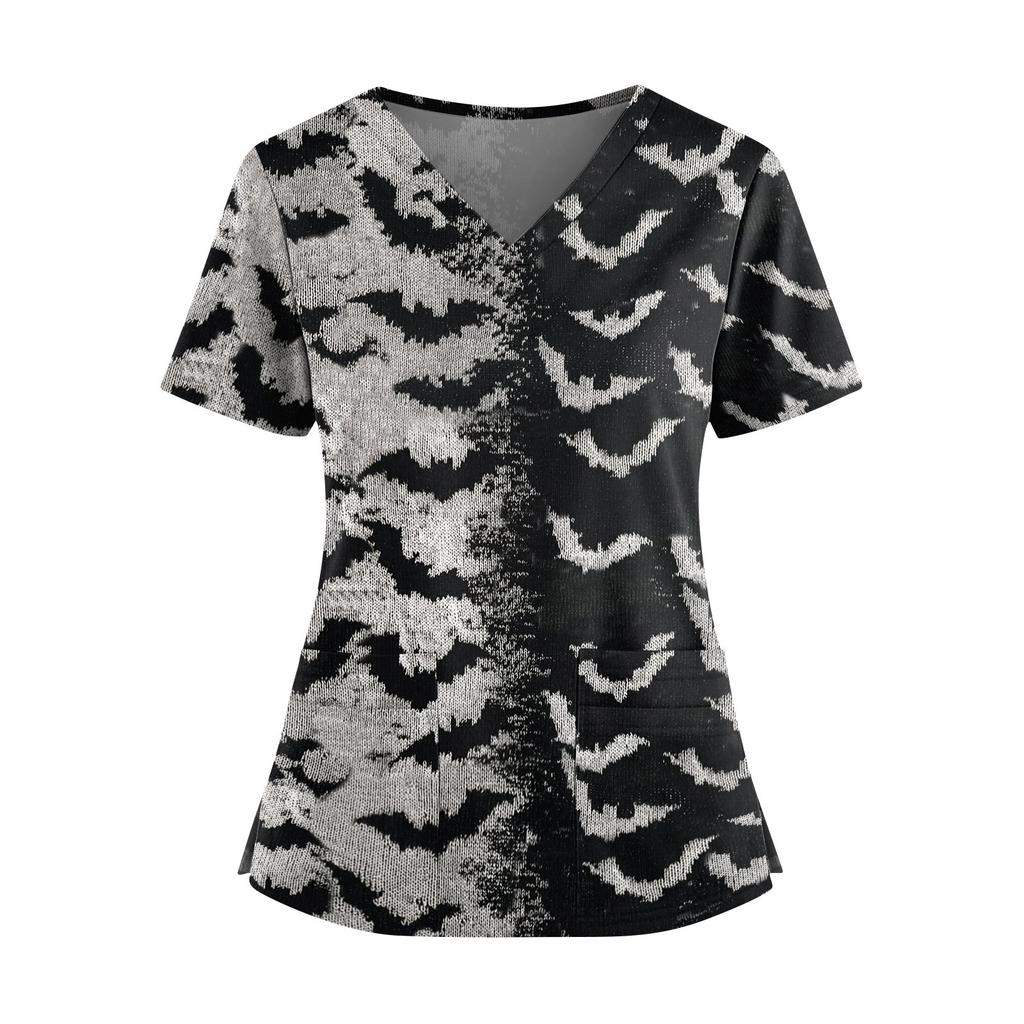 Women's V Neck Short Sleeve Medical Scrub Top with Double Pockets Side Slit Hem Halloween Print Nurse Uniform Shirt