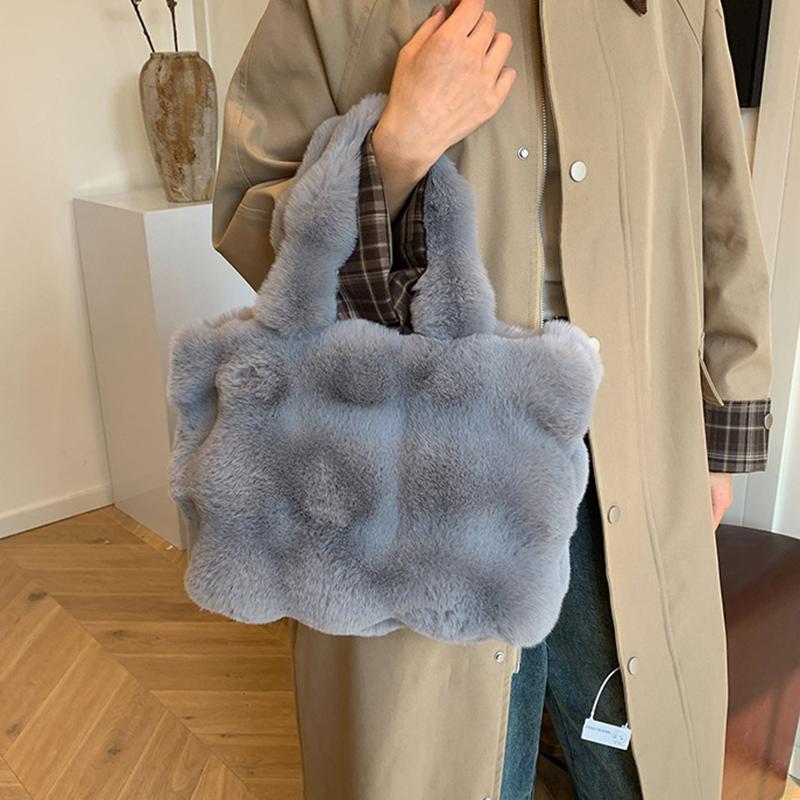 Dames Pluizige Schoudertassen Winter Top-Handvat Handtas Pluche Tote Bag Effen Kleur Commuter Veelzijdige Handtas CLE