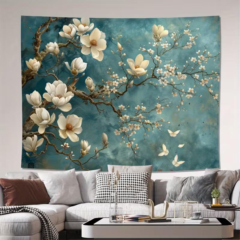 2D Teal Magnolia Flower Tapestry for Bedroom Living Room Decor